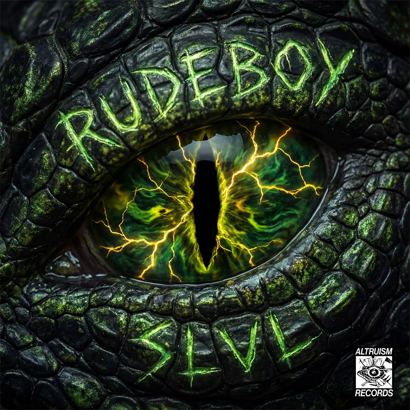Cover art for the SLVL single Rudeboy, with the title carved into crocodile skin
